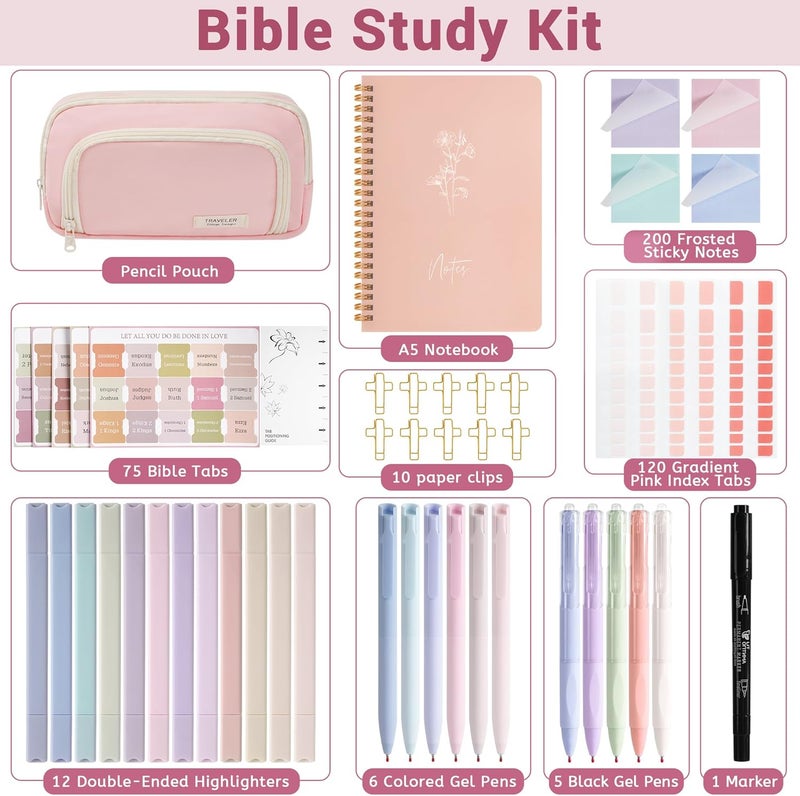 CHEPULA Bible Journaling Kit for Women, Bible Study Supplies Bible Study Kit with Notes and Bible Tabs, Bible Highlighters and Pens No Bleed, Pencil Case, Bible Study Tools Bible Supplies for Women(Pink) - Image 2